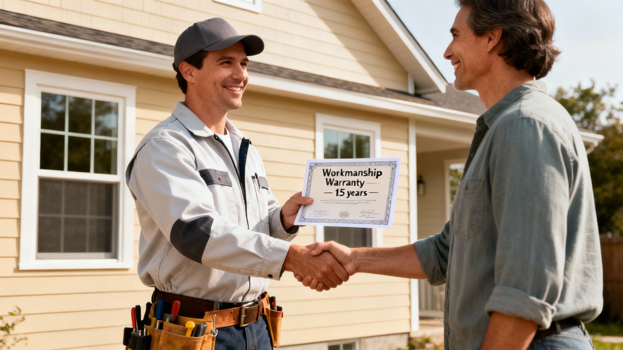 A smiling contractor hands a