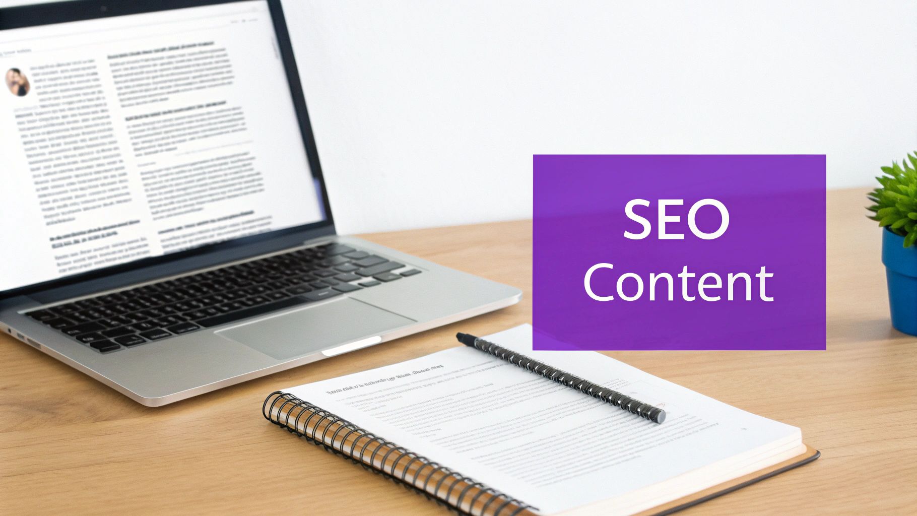 A laptop displaying text, a notebook, and a pen on a wooden desk with a purple 'SEO Content' graphic.