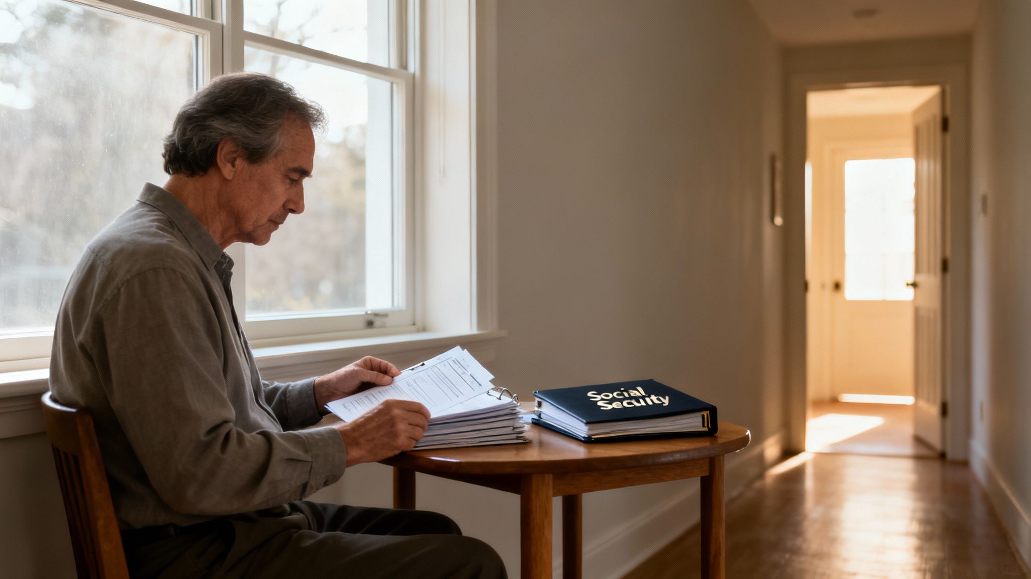 An older man reviews papers at a table, with a