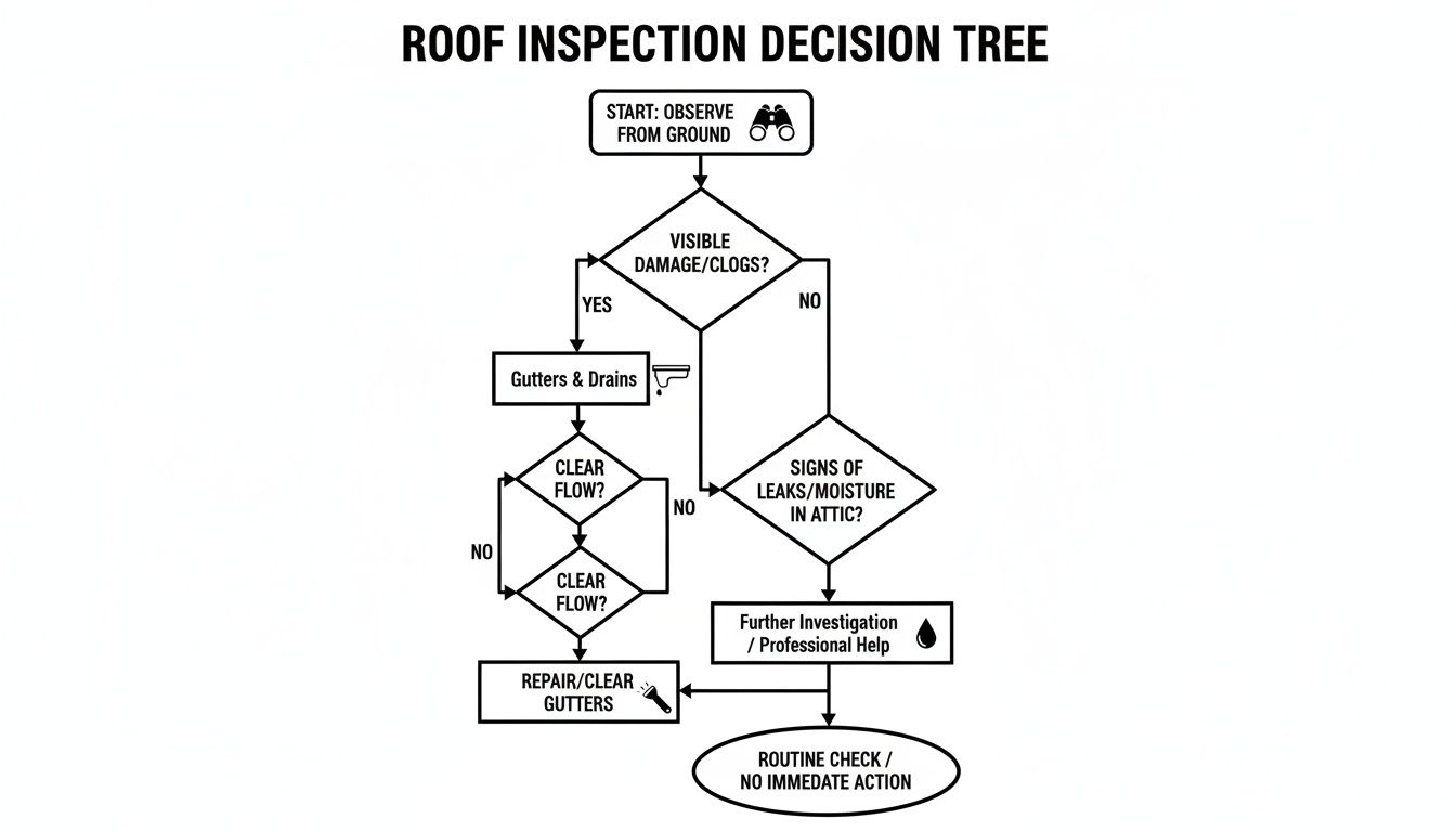 Flowchart illustrating a roof inspection decision tree, covering checks for damage, gutters, and attic leaks.