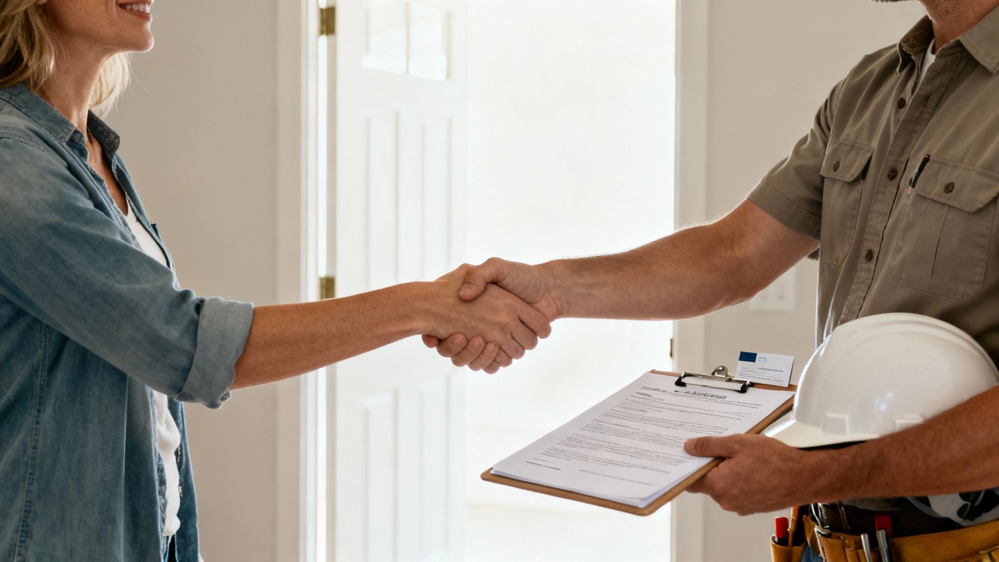 A contractor and a homeowner reviewing blueprints together in a room under construction.