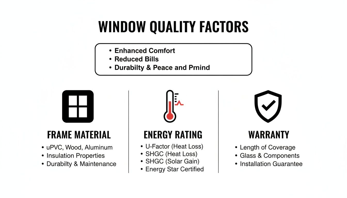 An infographic detailing window quality factors like frame material, energy rating, and warranty for optimal home performance.