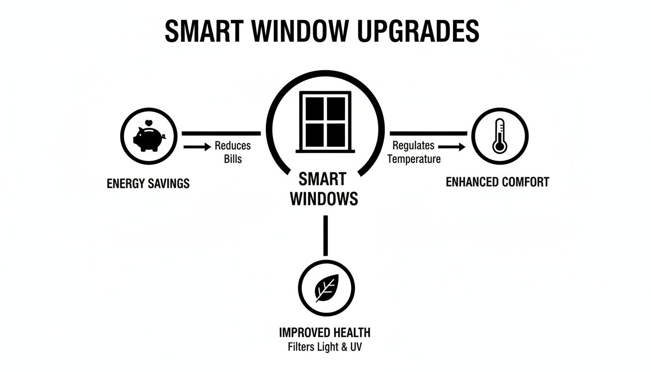Diagram illustrating smart window upgrades providing energy savings, enhanced comfort, and improved health by filtering light and UV.