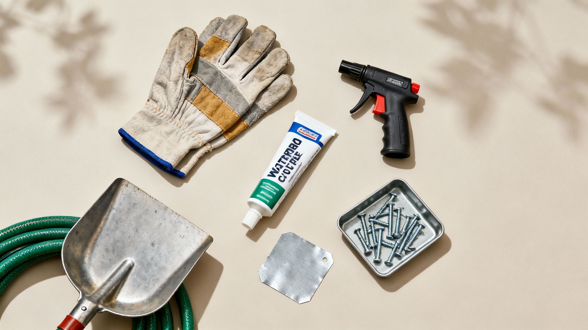 A flat lay of various repair tools, including work gloves, a shovel, caulk, screws, and a torch.