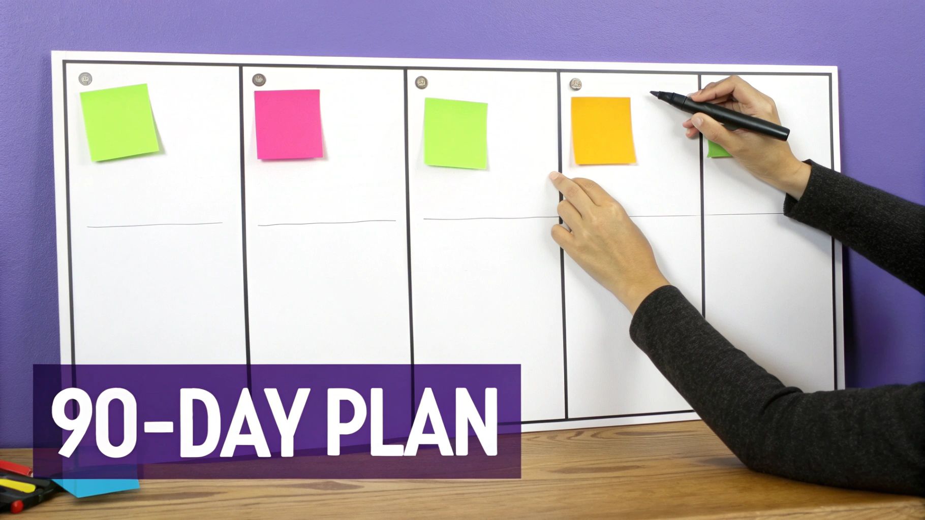 A person's hands placing colorful sticky notes and writing on a whiteboard labeled "90-DAY PLAN."