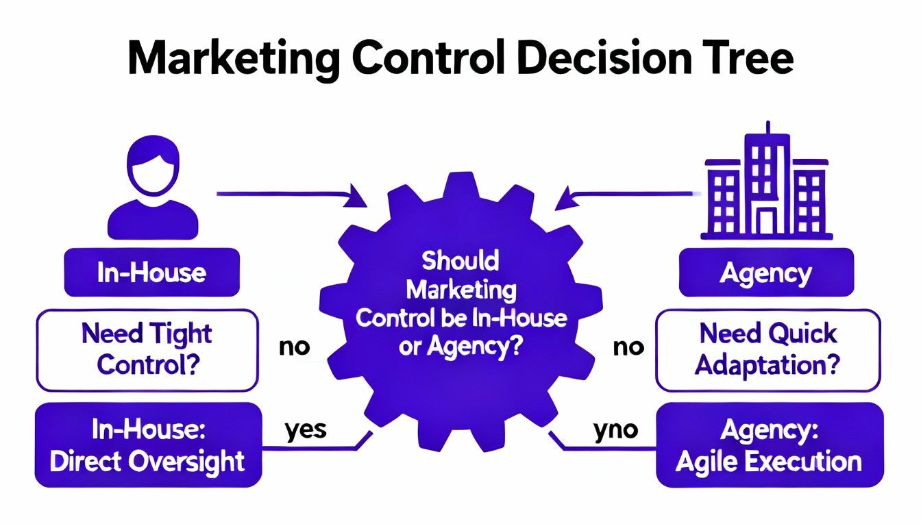 A marketing control decision tree illustrating choices between in-house and agency options.