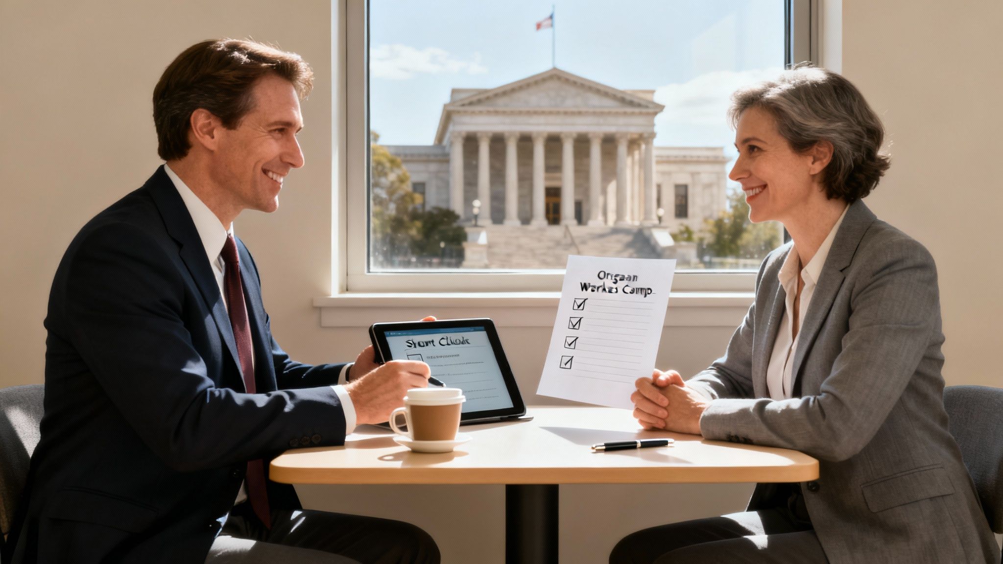 A friendly lawyer meeting with a client at a desk, conveying a sense of trust and professionalism.
