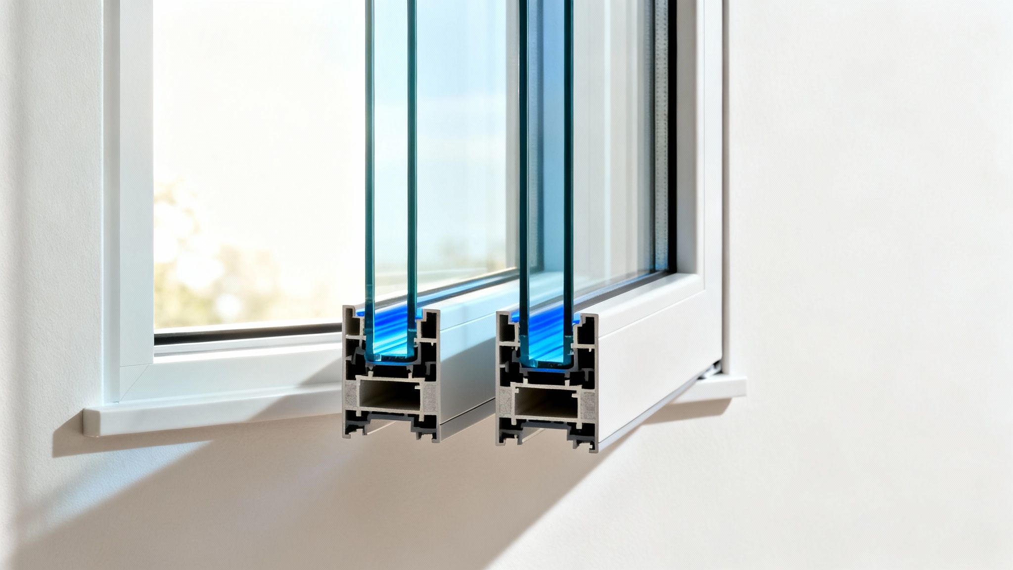 Detailed cross-section of a modern white triple-glazed window frame highlighting insulation.