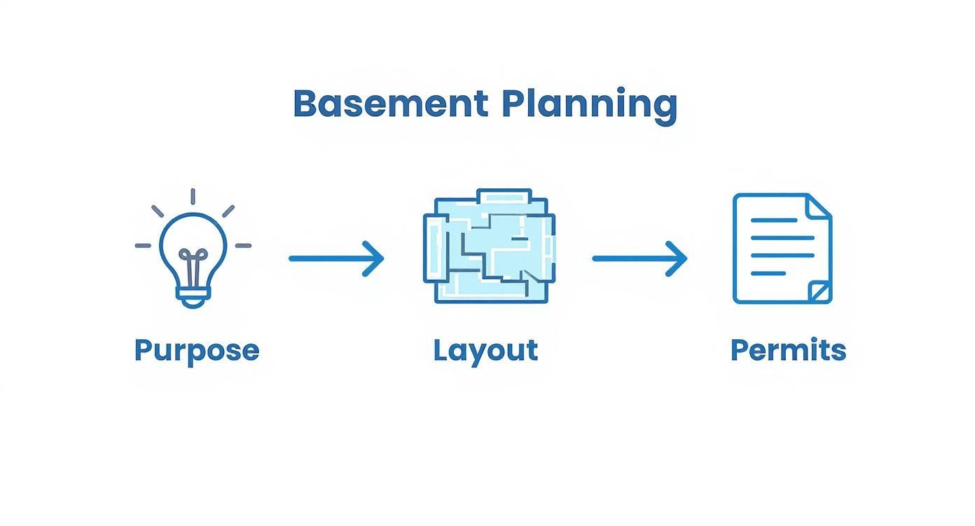 Basement planning process showing three steps: purpose with lightbulb, layout with floor plan, and permits with documents