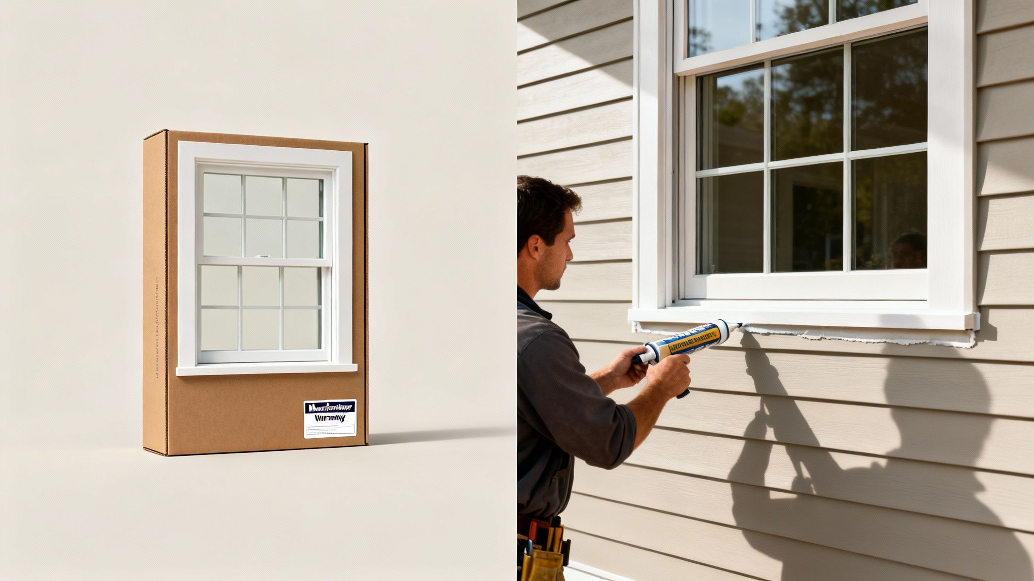 A packaged new window with a warranty label and a person caulking an installed window on a house.
