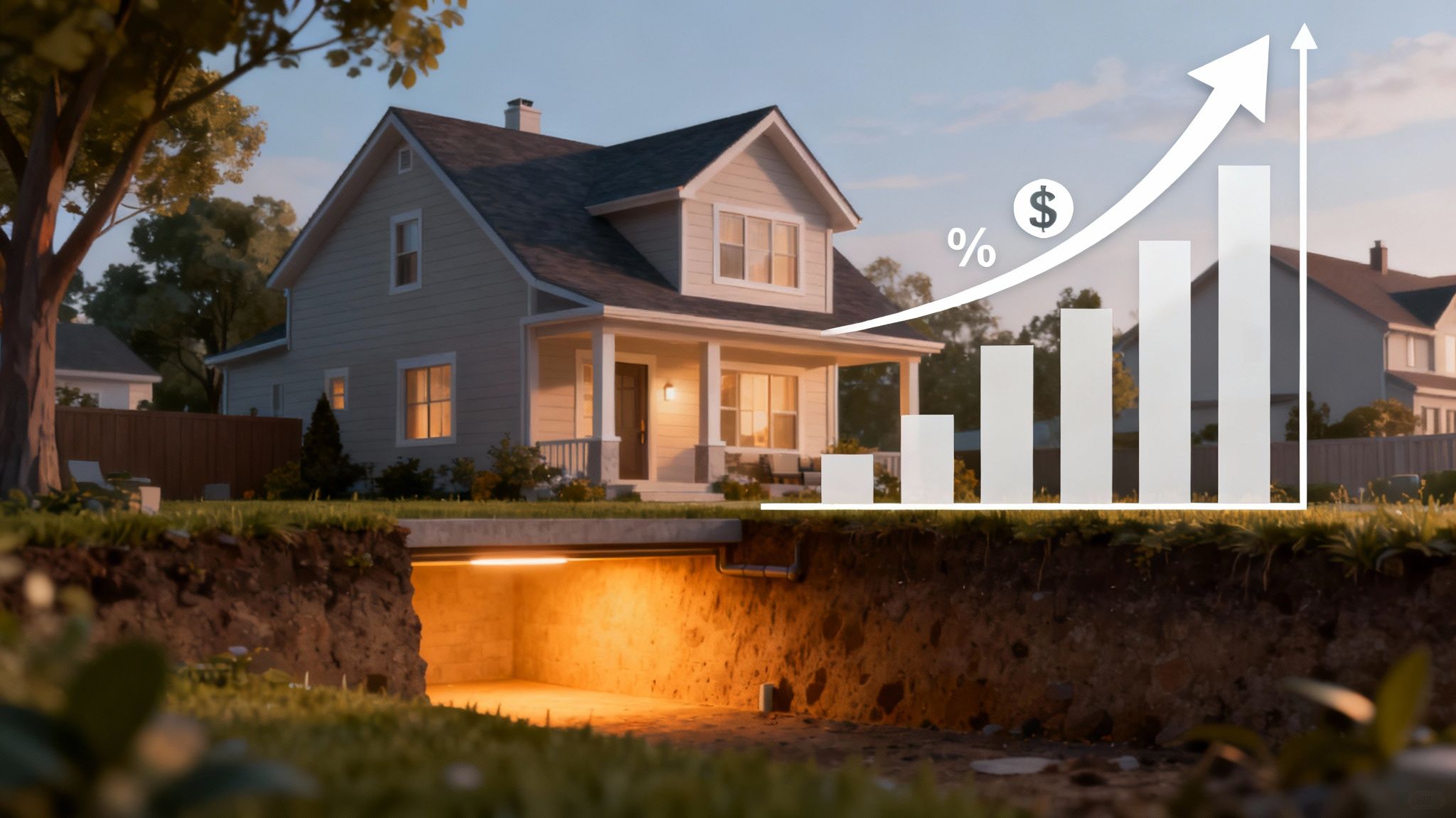 House with illuminated basement and rising graph showing increasing costs and investment value