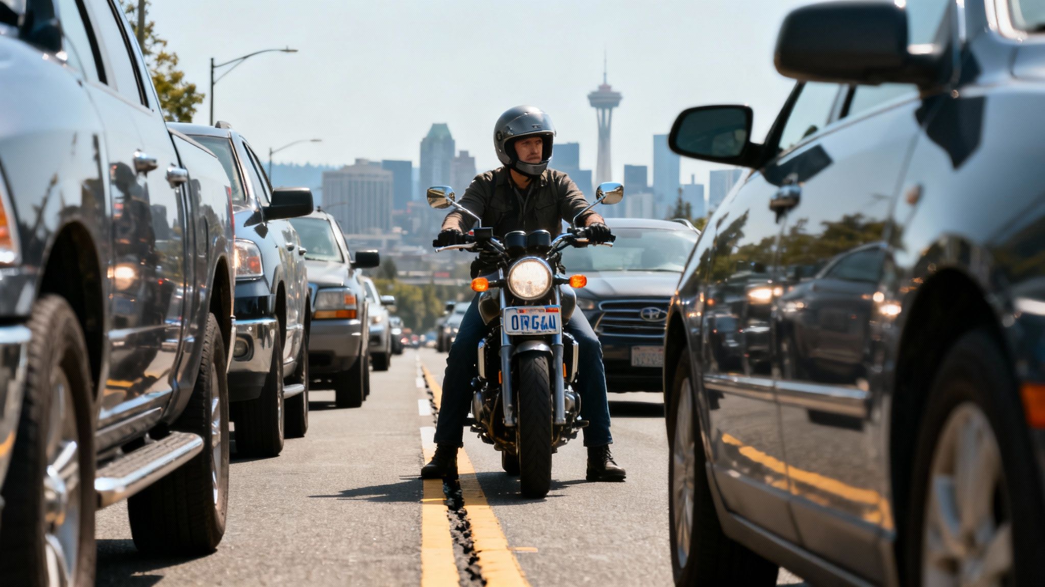 A person on a motorcycle navigating through heavy urban traffic, appearing to lane split.