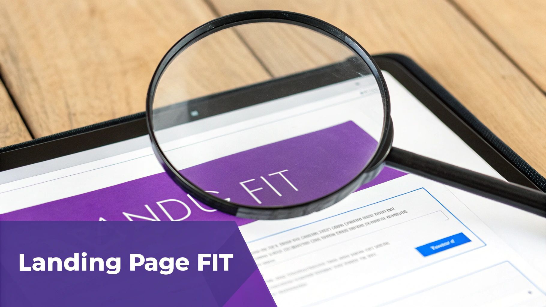 A magnifying glass inspects a tablet screen displaying 'Landing Page FIT' text and a form field.