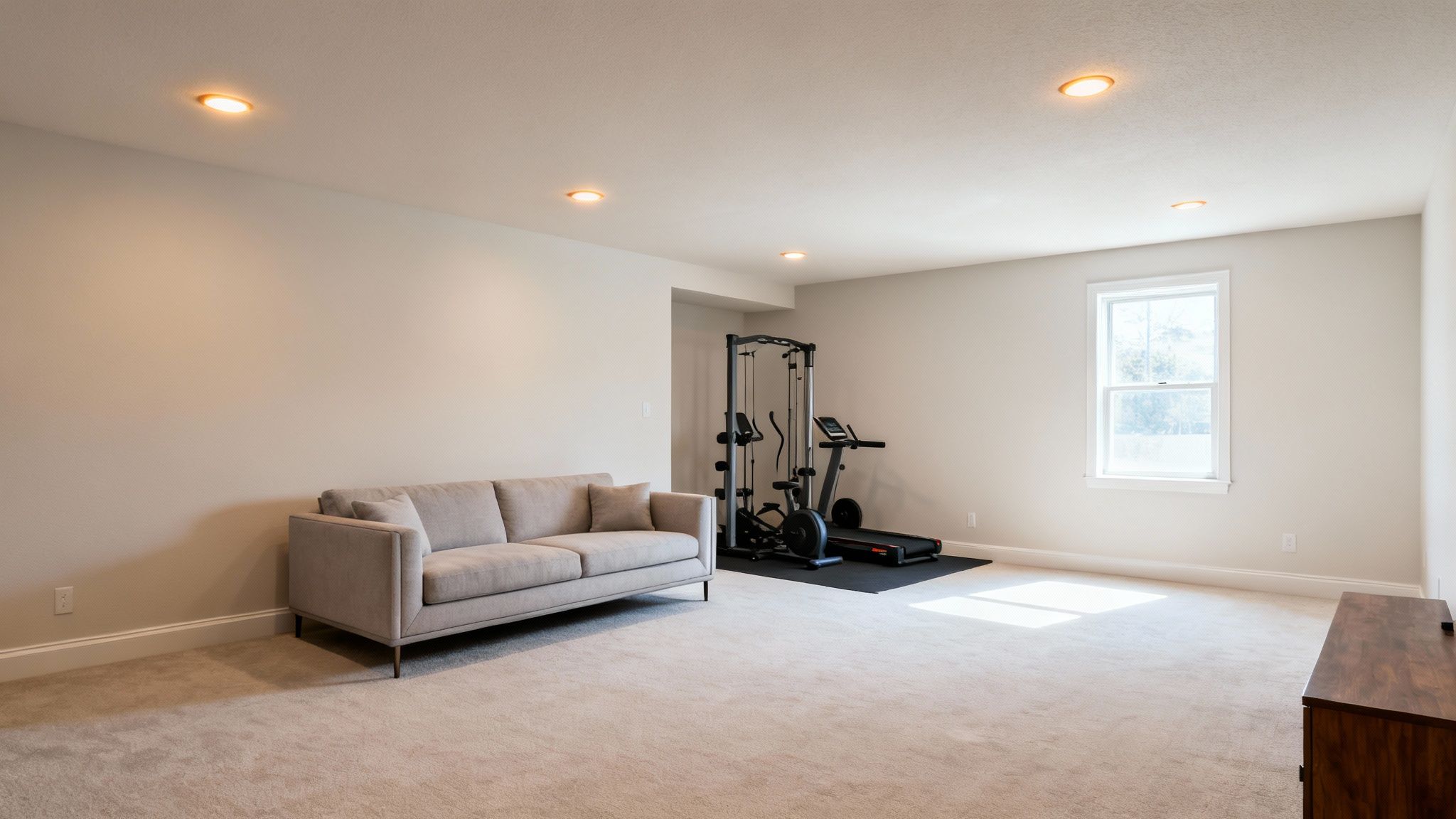 A bright, finished basement featuring a cozy living area with a sofa and a dedicated home gym.
