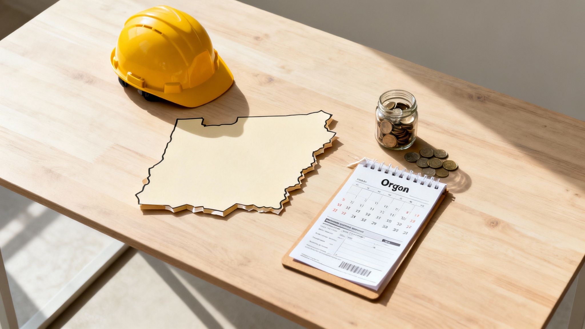A yellow hard hat, a map of Oregon, and coins on a wooden table, symbolizing construction and finances.