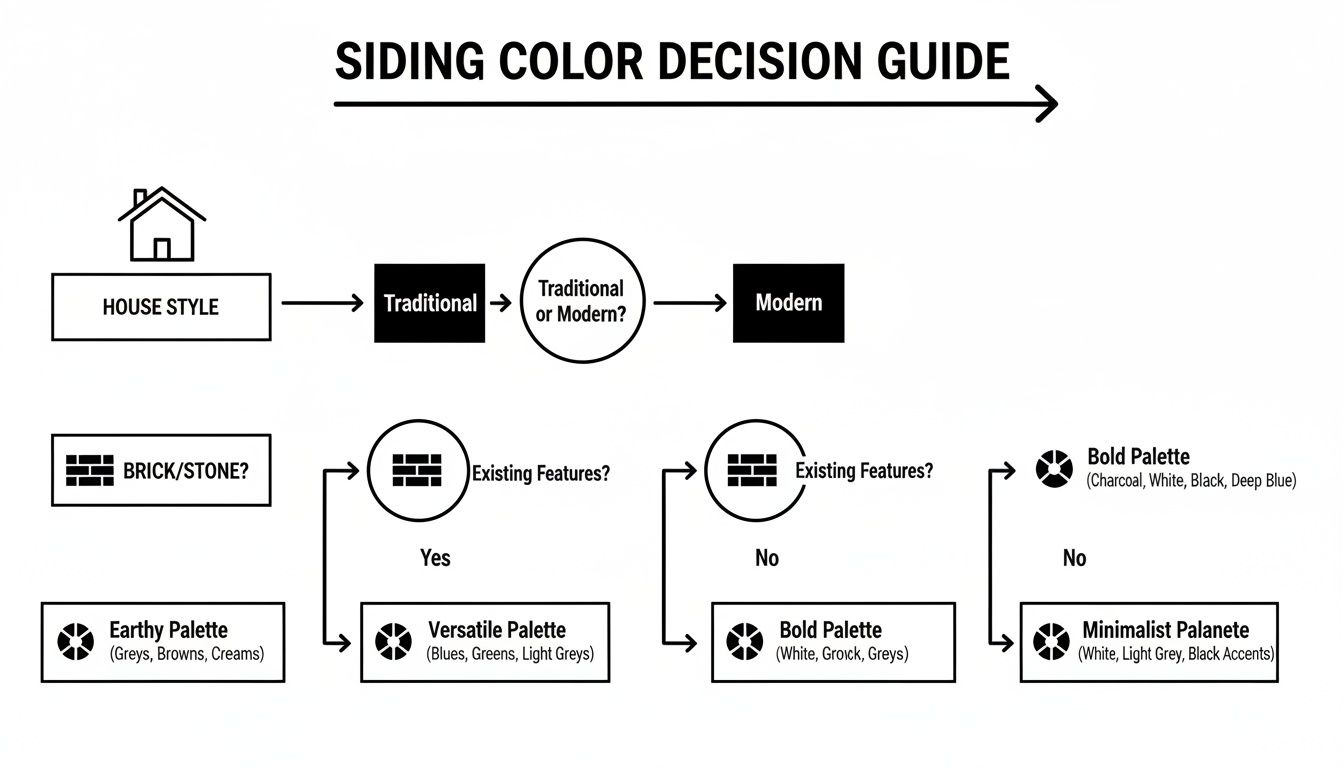 A flowchart titled 'Siding Color Decision Guide' helps select exterior colors based on house style and existing features.