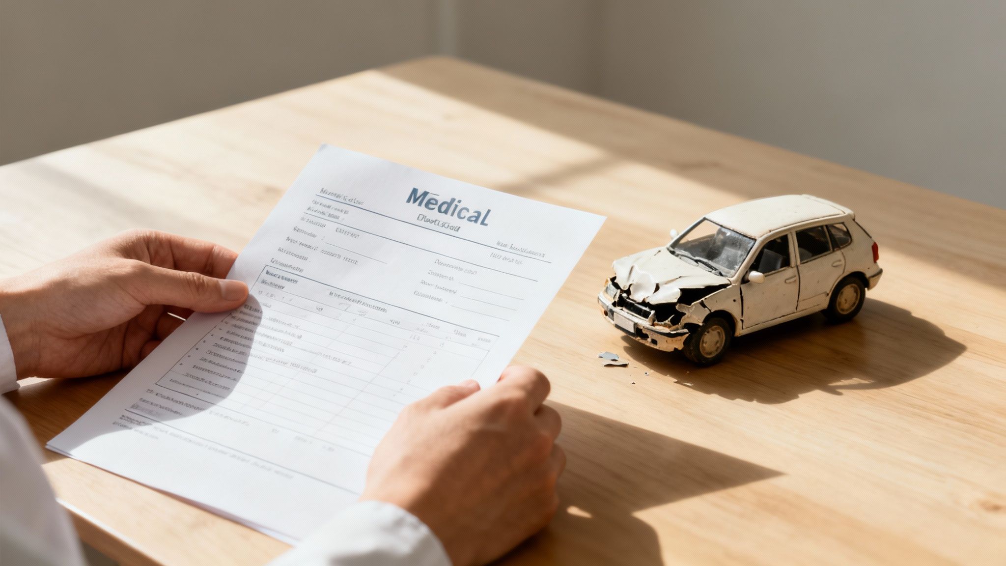 Hands hold a medical form next to a miniature crashed car, representing accident claims and insurance.