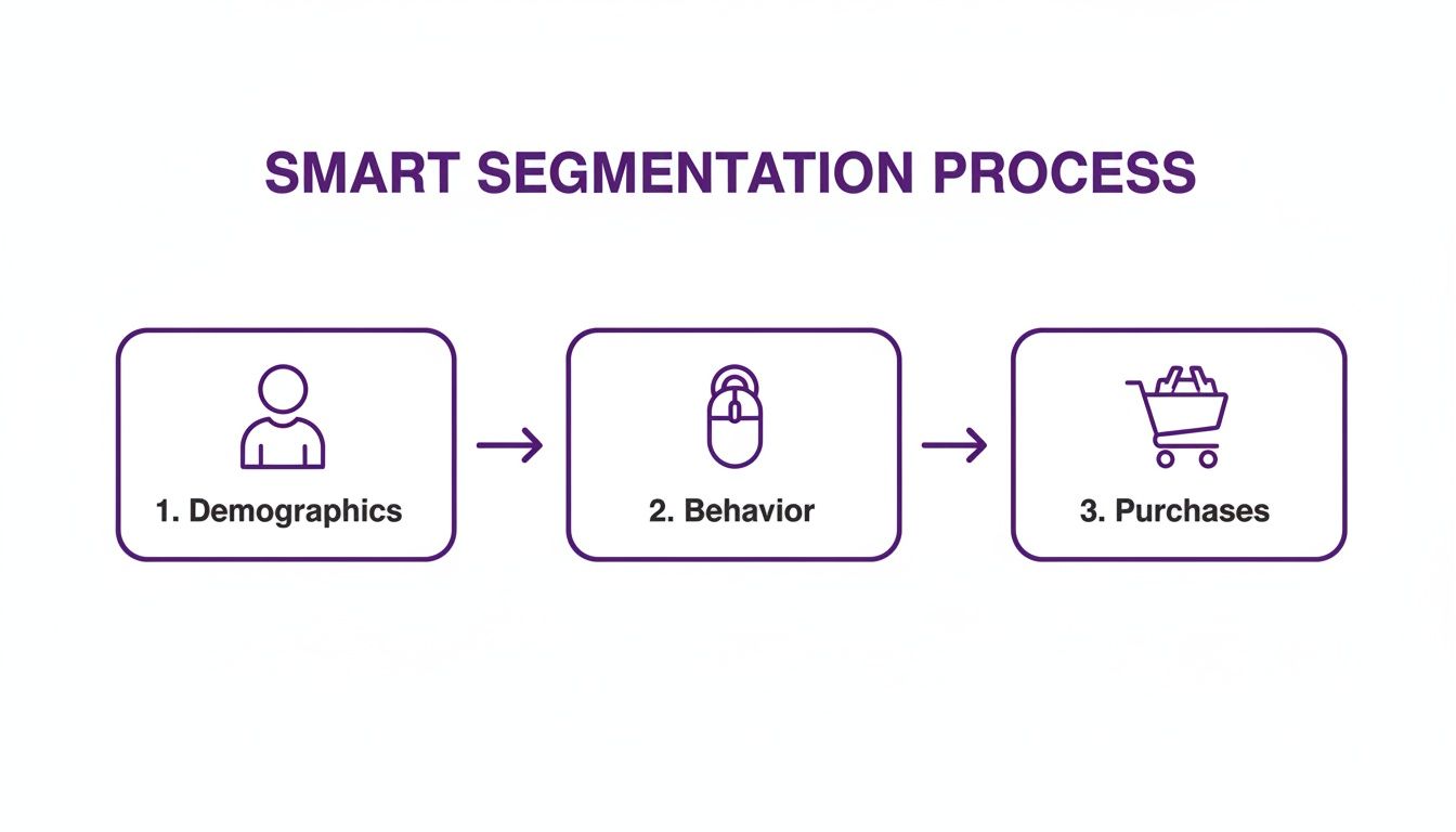 Flowchart illustrating the smart segmentation process, showing steps like demographics, behavior, and purchases.