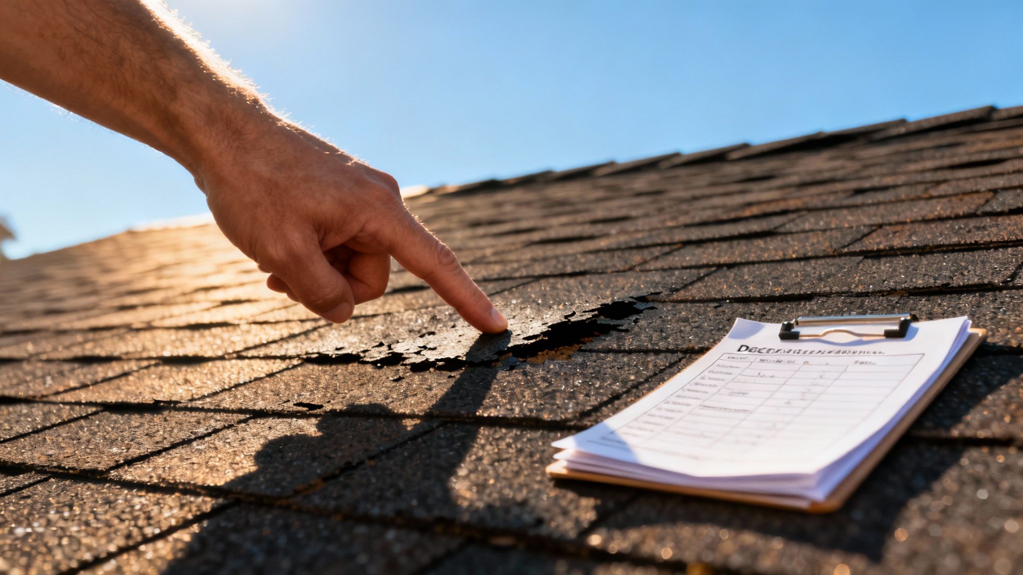 A hand points at a damaged roof shingle, indicating a need for roof inspection or repair, with a clipboard nearby.
