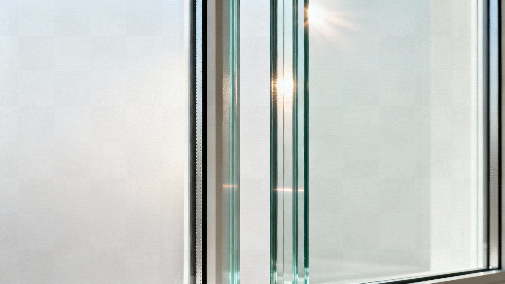 Close-up of a modern window with multiple glass panes, reflecting bright sunlight and a frosted panel.