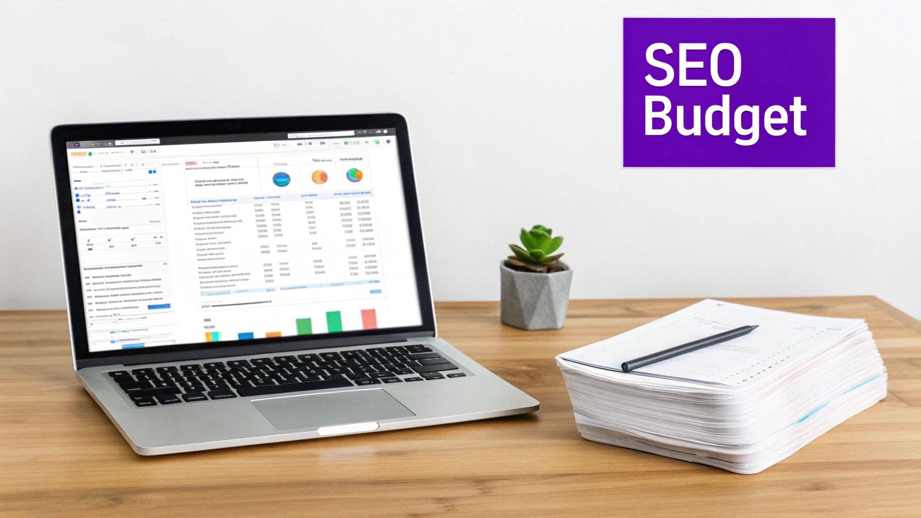 A laptop on a wooden desk displays SEO budget data and charts, next to a stack of papers and a potted plant.