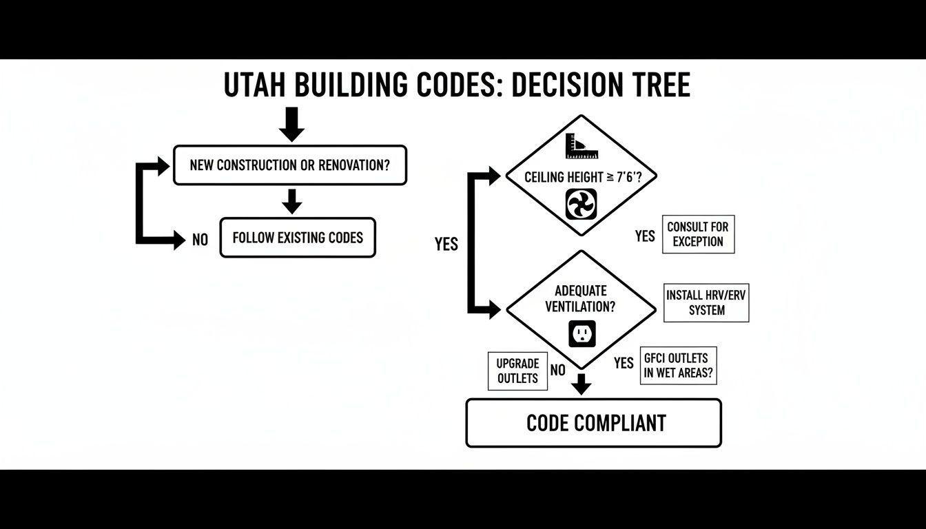 Decision tree diagram outlining Utah Building Codes for new construction or renovation, covering ceiling height, ventilation, and electrical outlets.