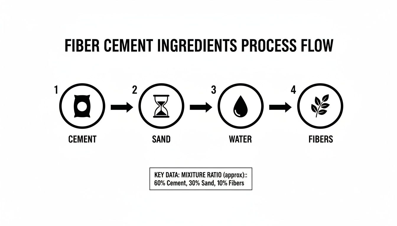Fiber cement ingredients process flow diagram showing cement, sand, water, and fibers with their mix ratios.