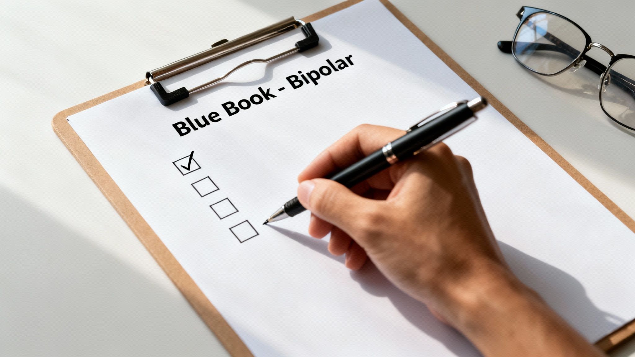 A hand marks a checklist item on a clipboard titled 'Blue Book - Bipolar', with glasses nearby.
