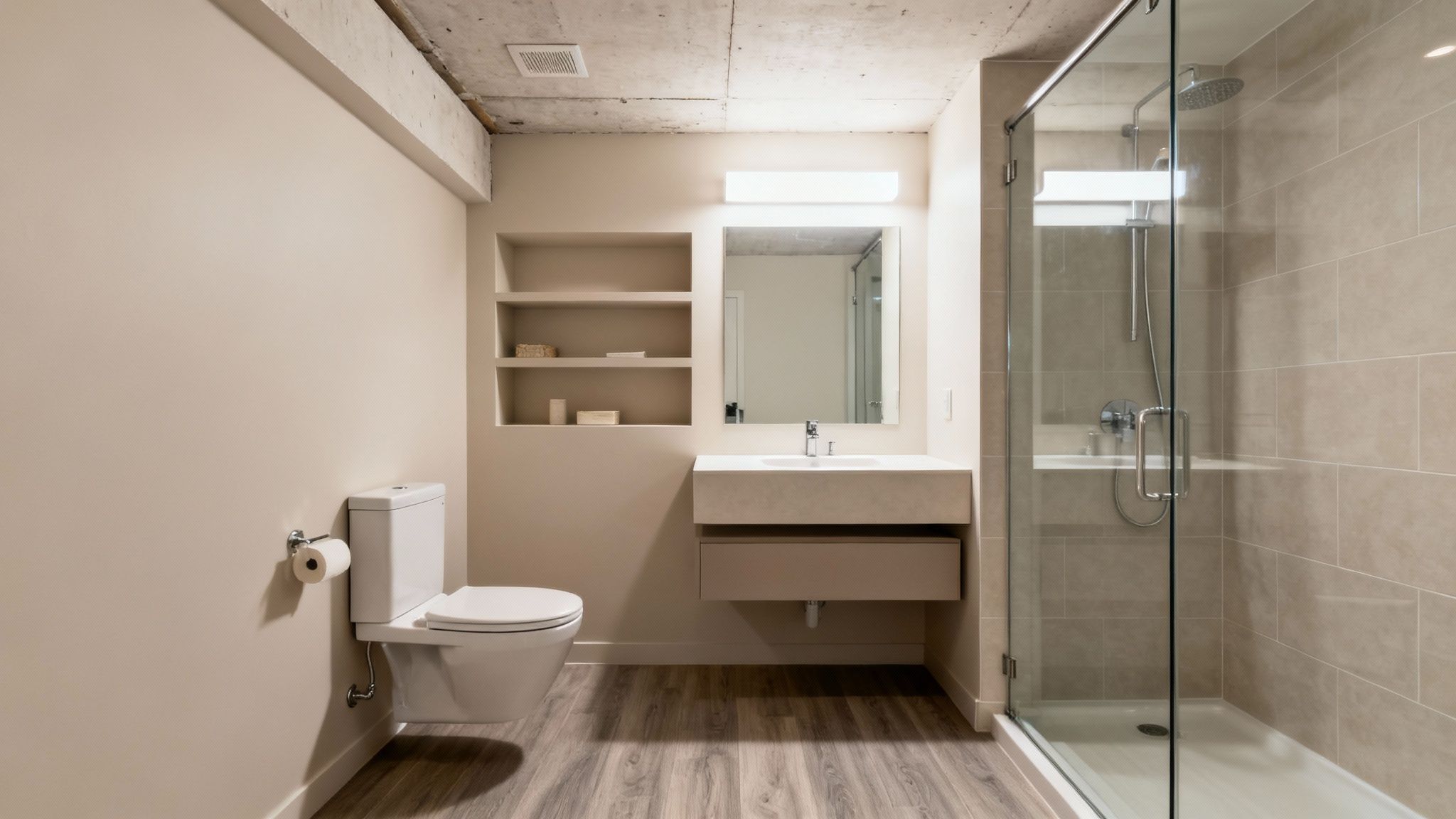 A modern basement bathroom with a beige toilet, floating vanity, built-in shelves, and a glass walk-in shower.