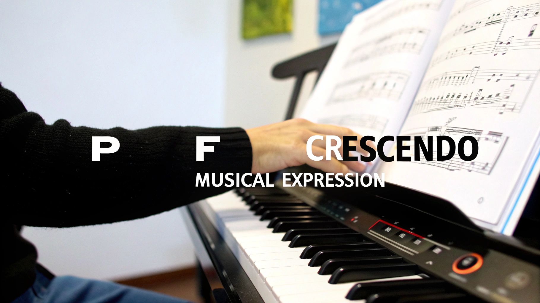 Hands on a piano keyboard with sheet music, illustrating musical expression like 'Crescendo'.