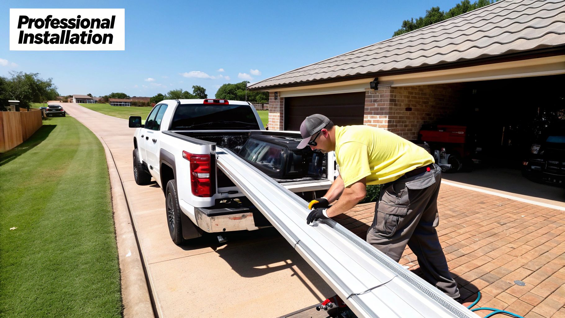 Man in yellow shirt professionally installing a long seamless gutter from a machine next to a white pickup truck.