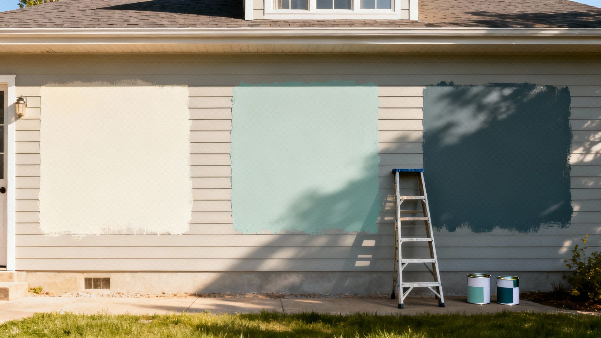 Three large paint swatches in cream, light teal, and dark teal on a house wall.