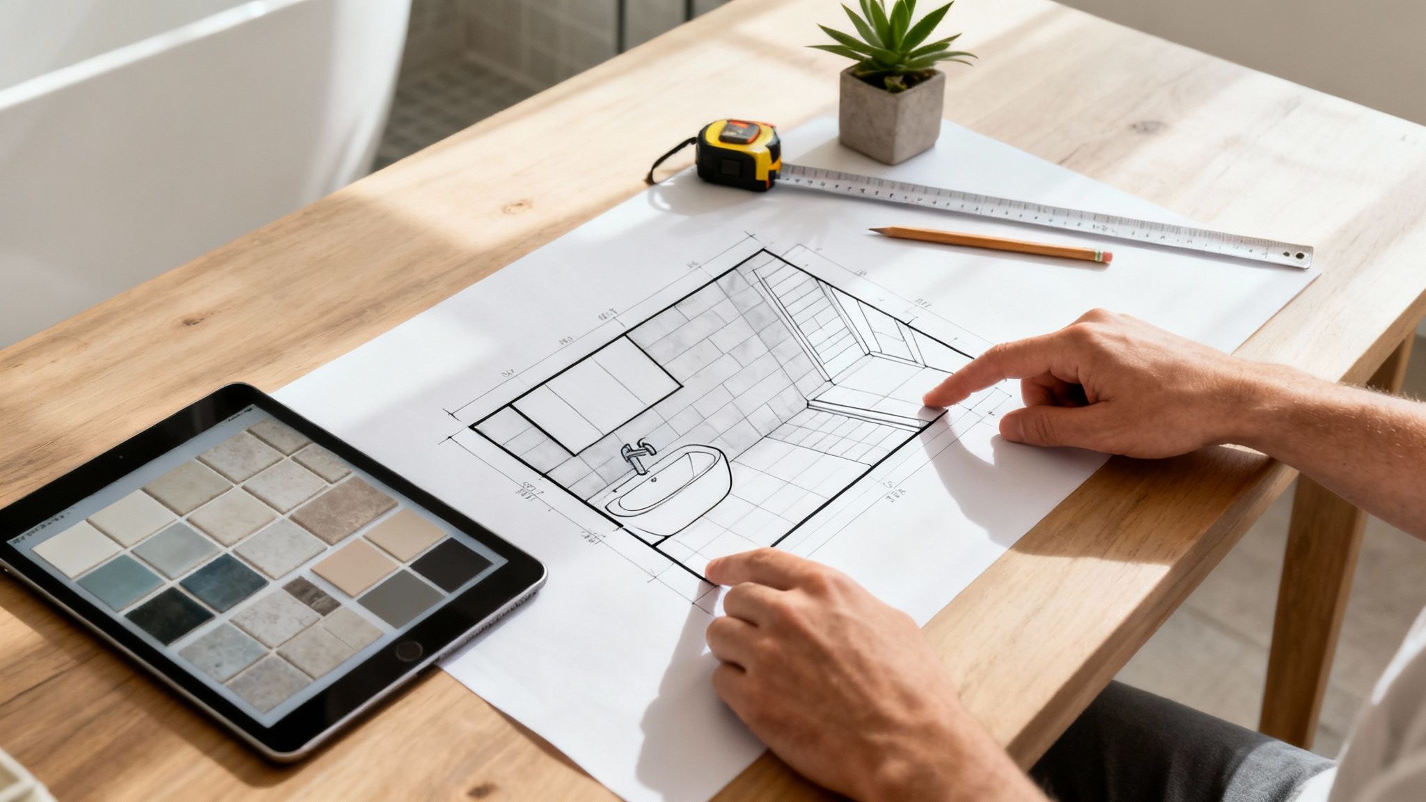 Hands pointing at a bathroom renovation blueprint on a desk with a tablet showing tile samples.