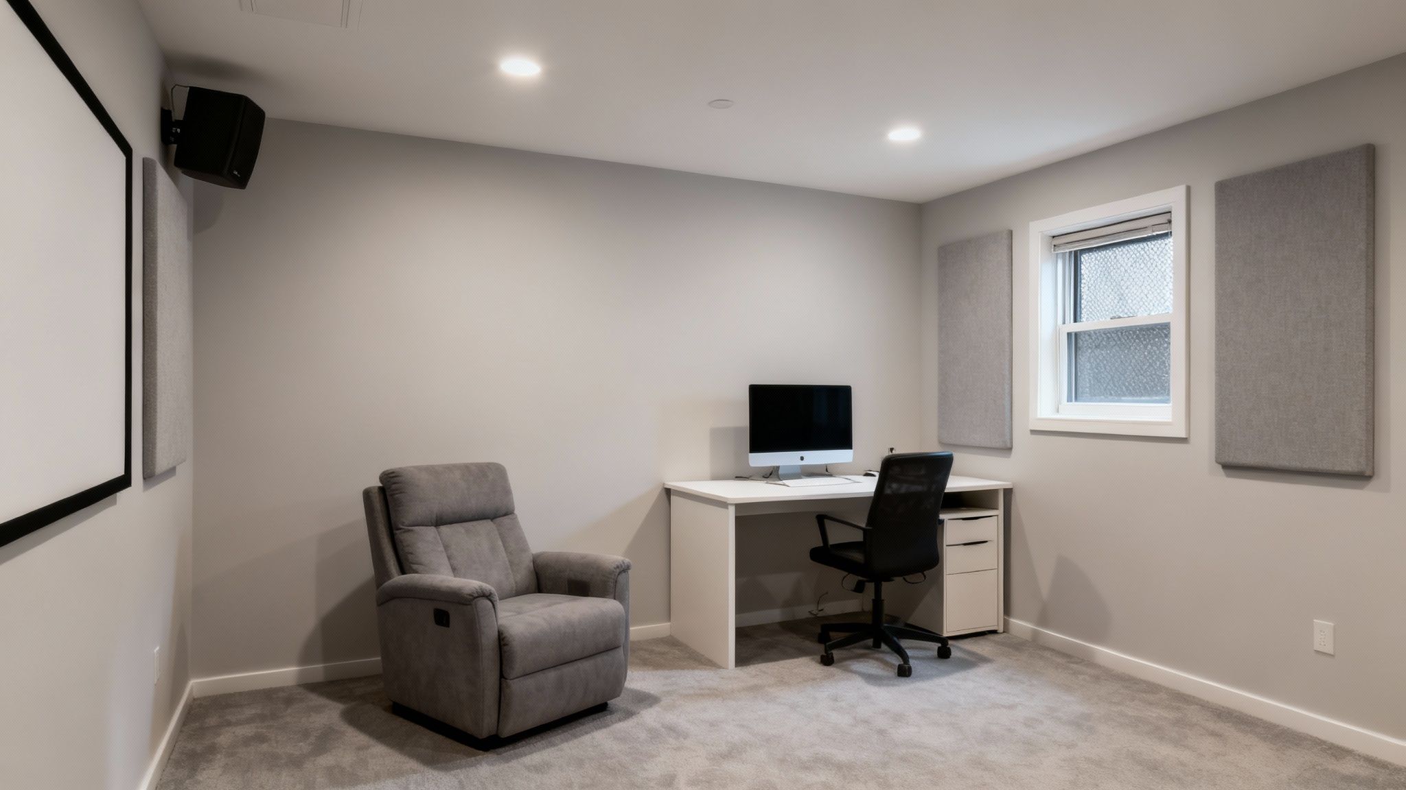 A cozy basement room with soundproofing panels, a projection screen, a recliner, and an office desk.