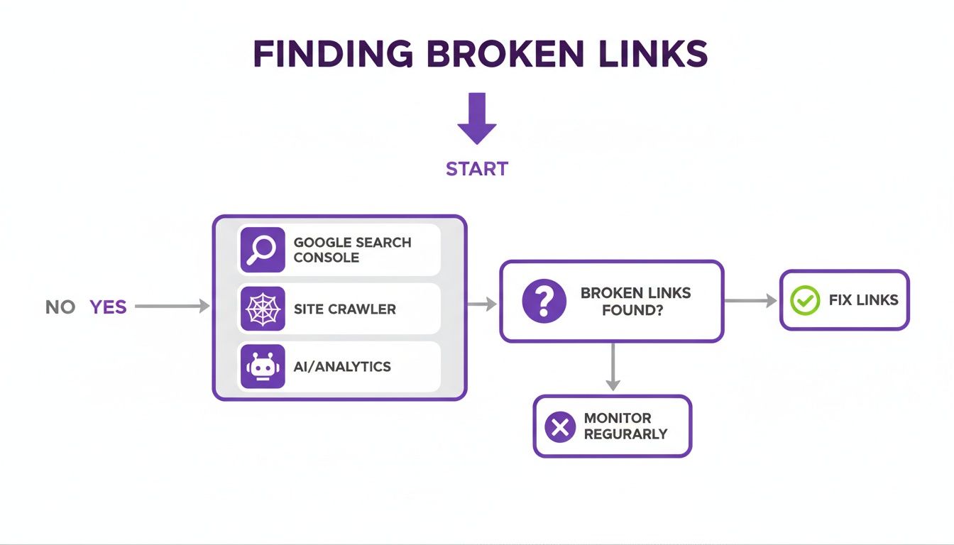 A flowchart illustrates the process of finding and fixing broken links using various tools and decision points.