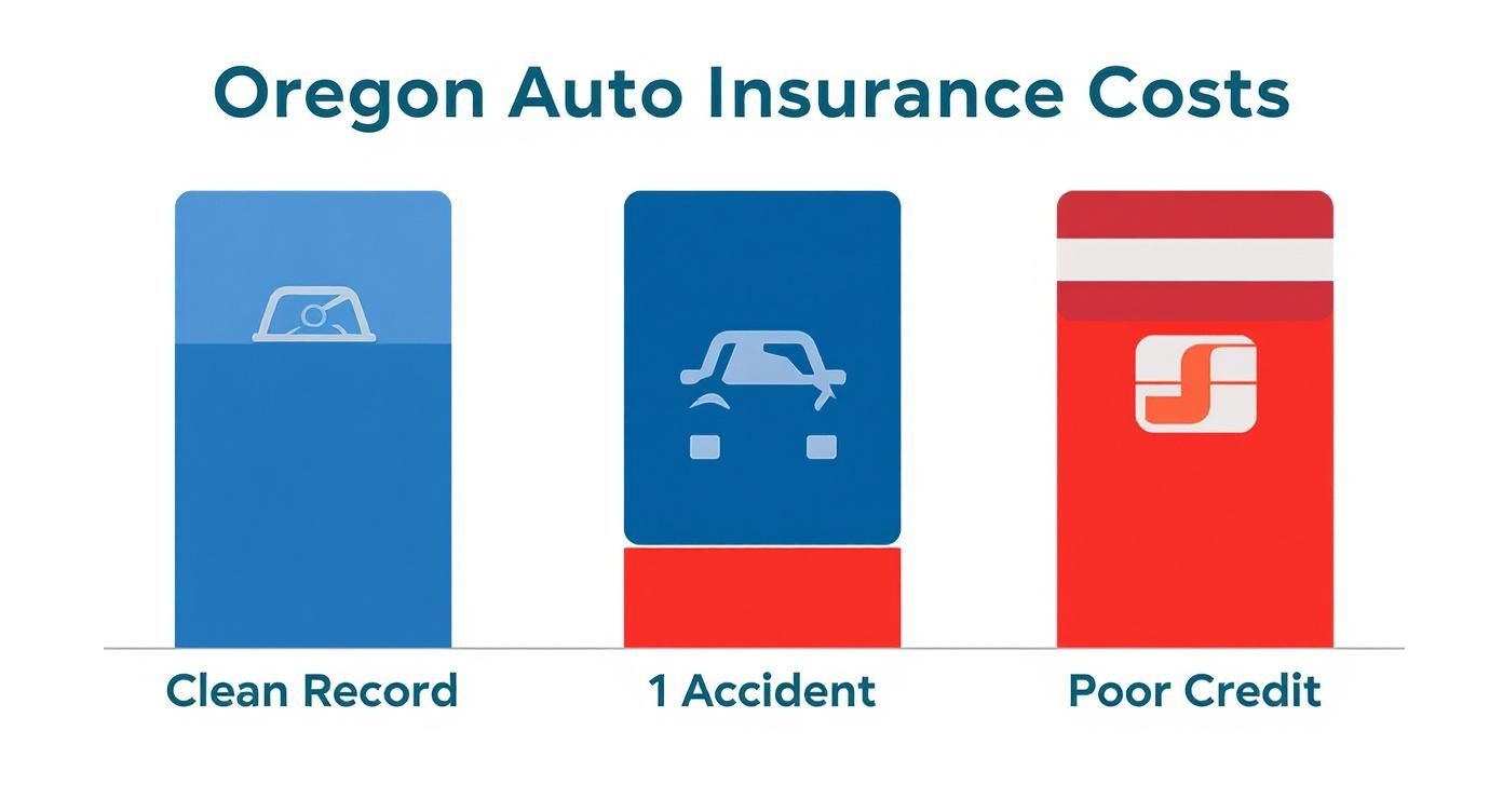 Infographic comparing Oregon auto insurance costs for clean record, one accident, and poor credit.