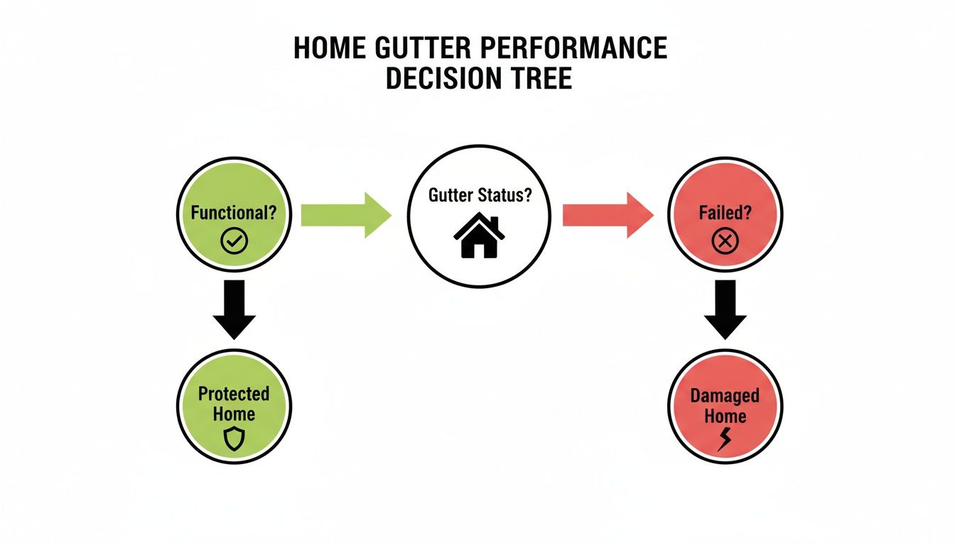 Decision tree illustrating home gutter performance: functional gutters protect homes, while failed gutters cause damage.
