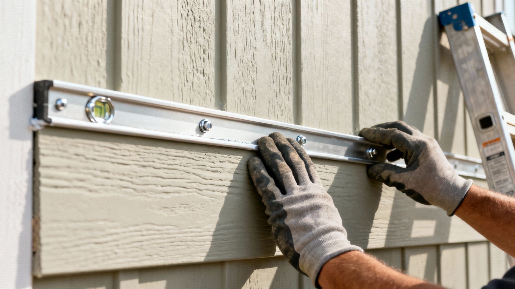 Hands in work gloves installing beige fiber cement siding with a level on a building wall.