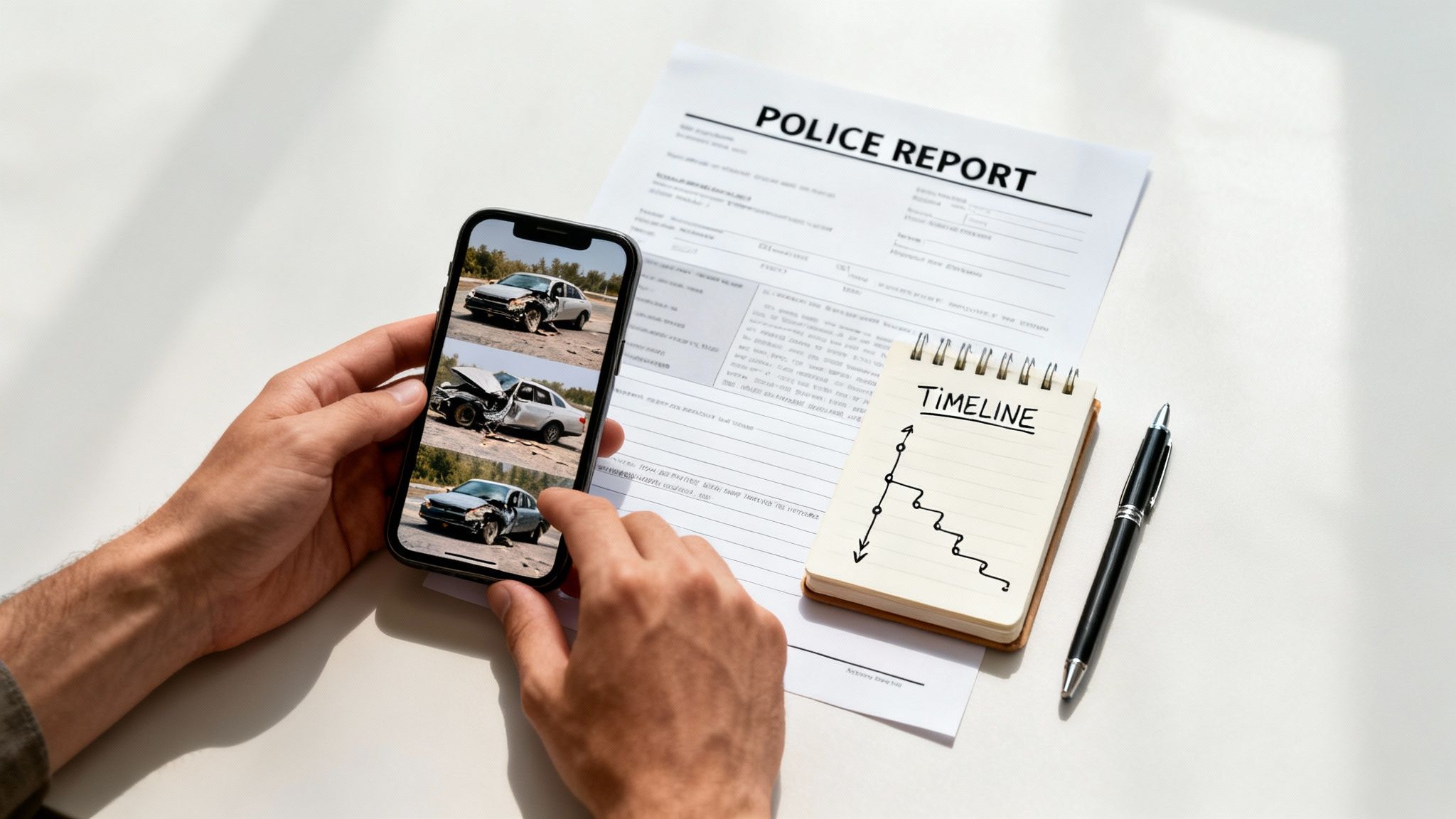 Hands hold a smartphone displaying car accident photos next to a police report and a timeline notebook.
