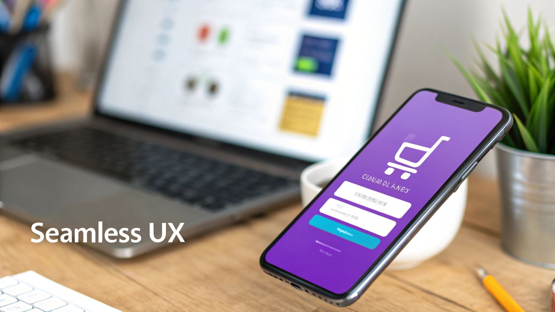 A smartphone shows a shopping app login screen next to a laptop displaying e-commerce content, highlighting seamless UX.