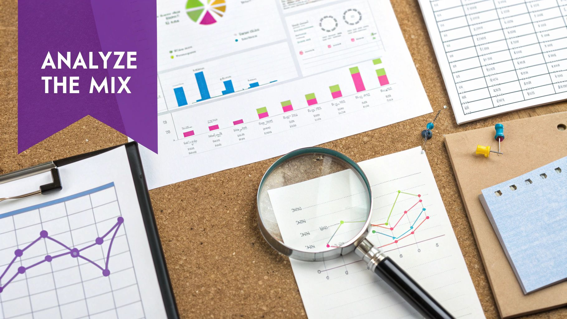 A top-down view of a corkboard with business charts, a magnifying glass, and an 'Analyze the Mix' banner.