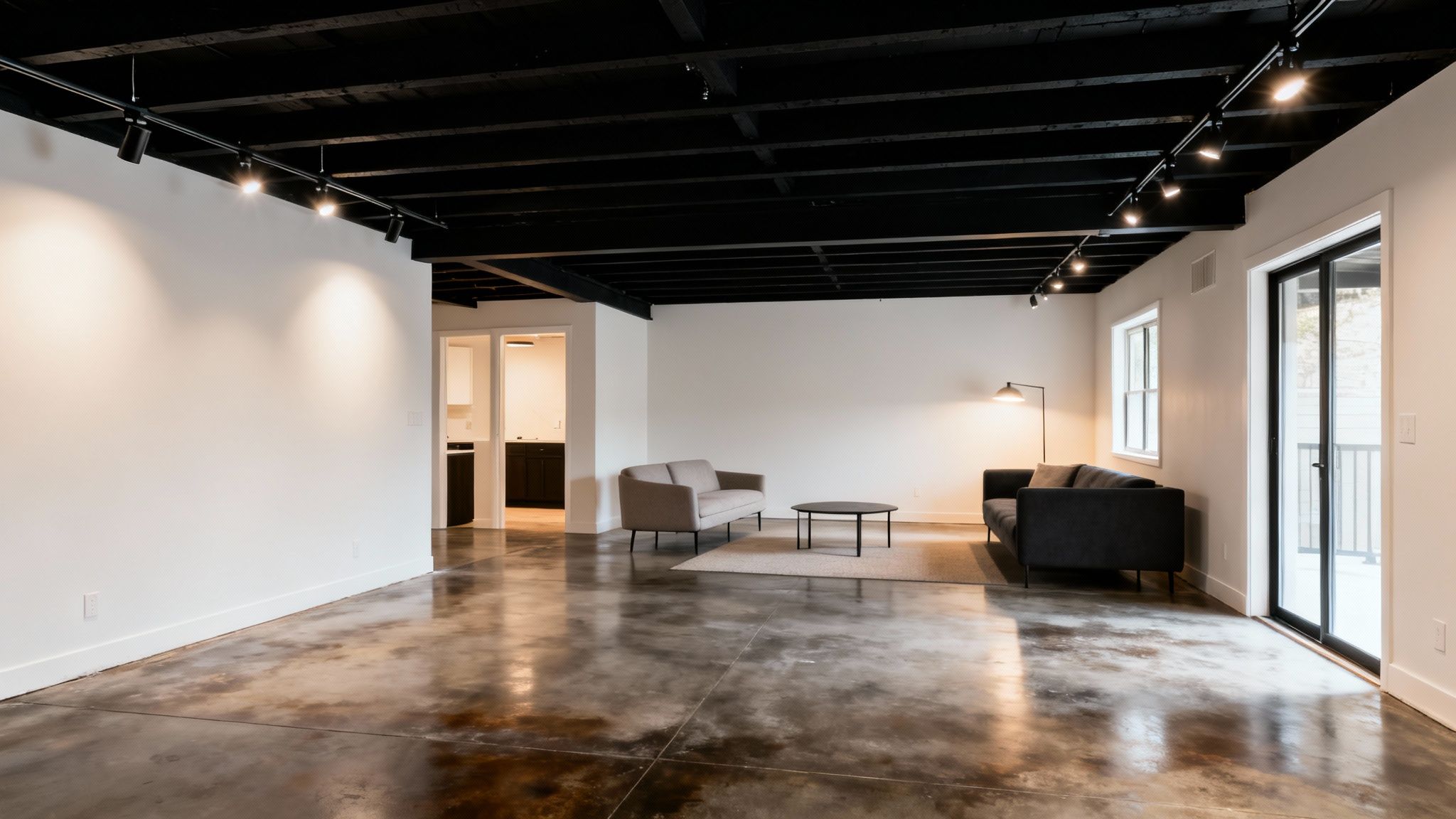 Modern finished basement living area with concrete floor, white walls, and exposed black ceiling.