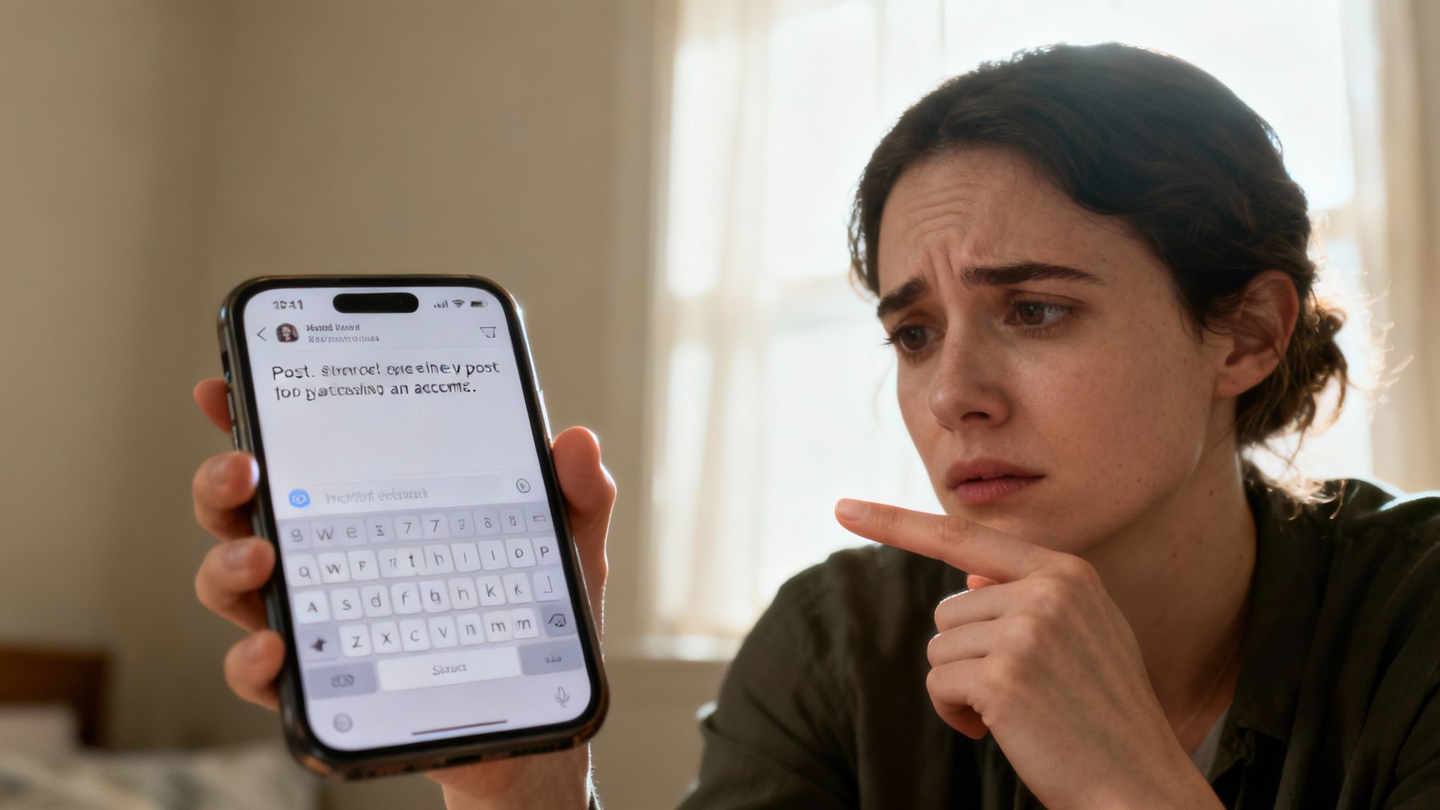 A visibly distressed woman points at a confusing message displayed on her smartphone screen.