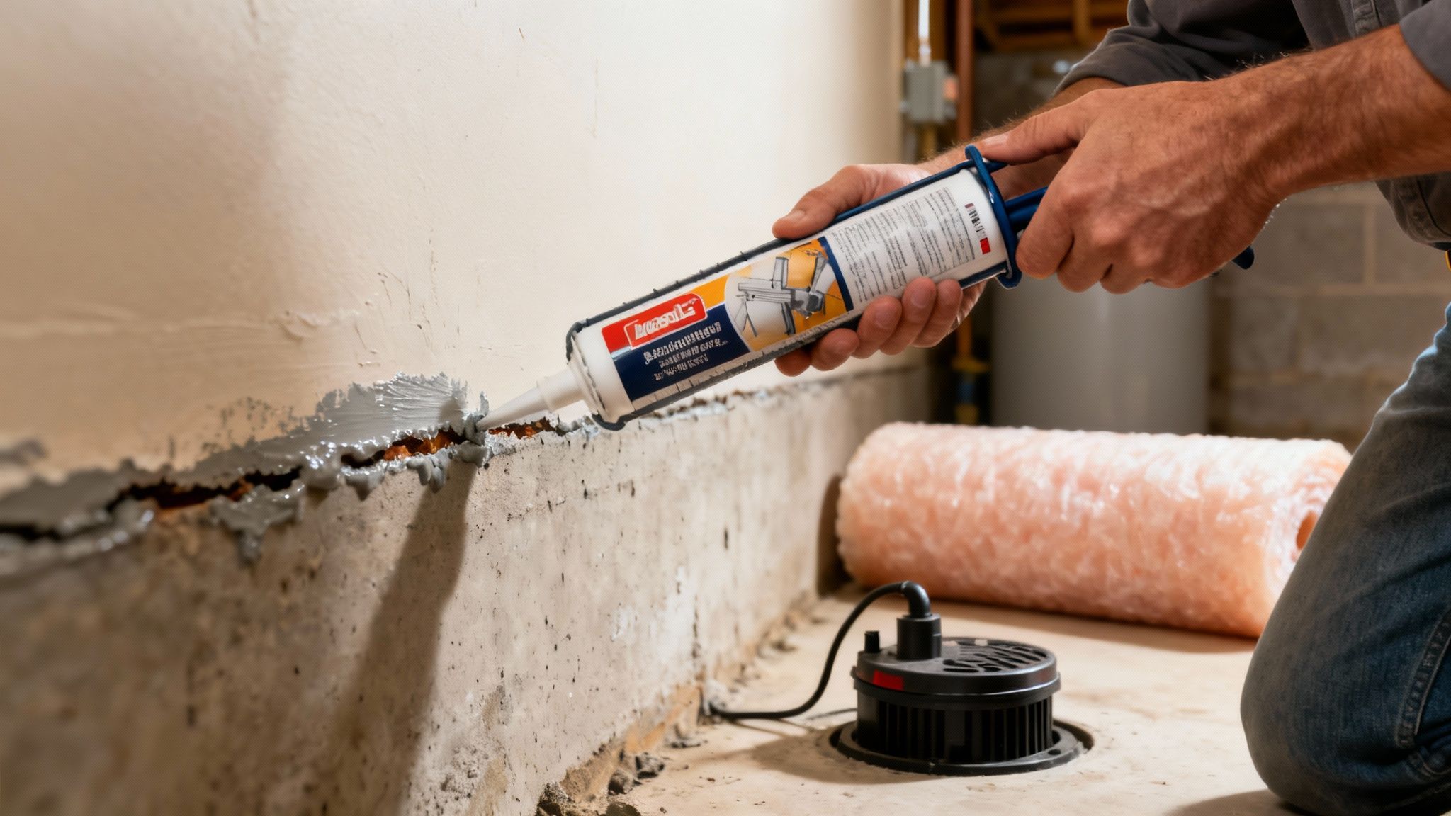 A person applying a waterproof sealant to a concrete basement wall.