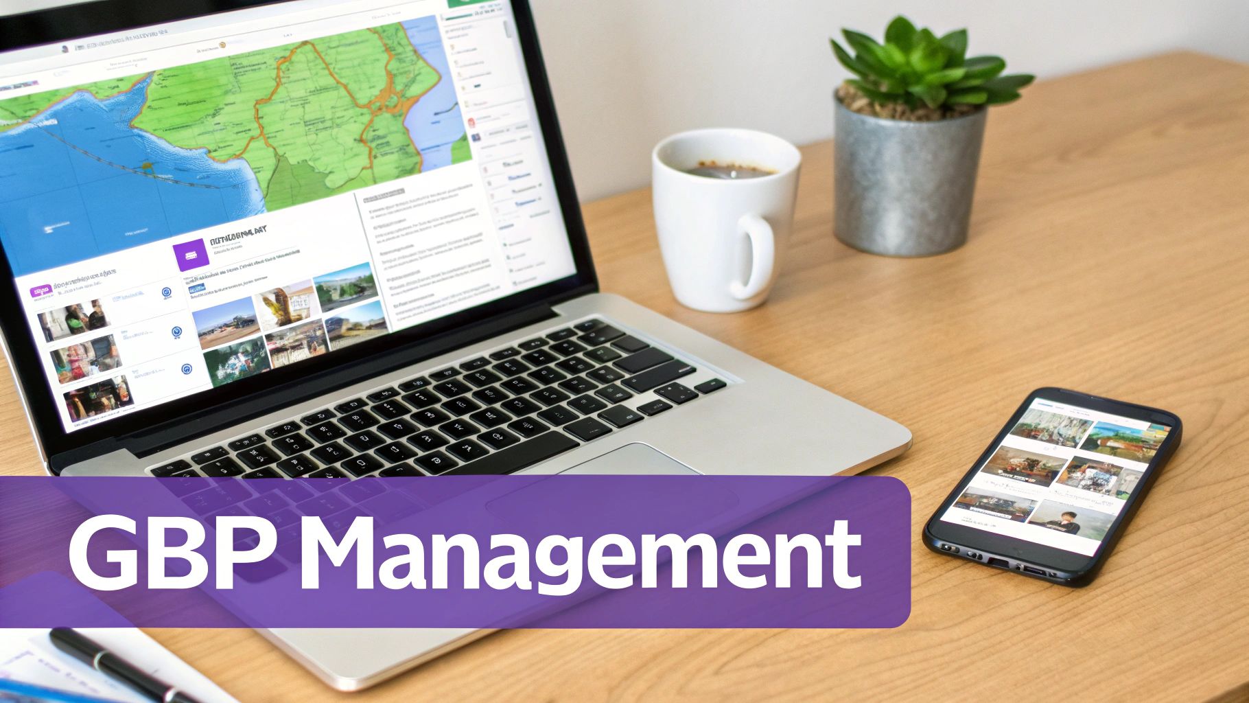 GBP Management dashboard displayed on laptop and mobile phone showing location maps and business listings