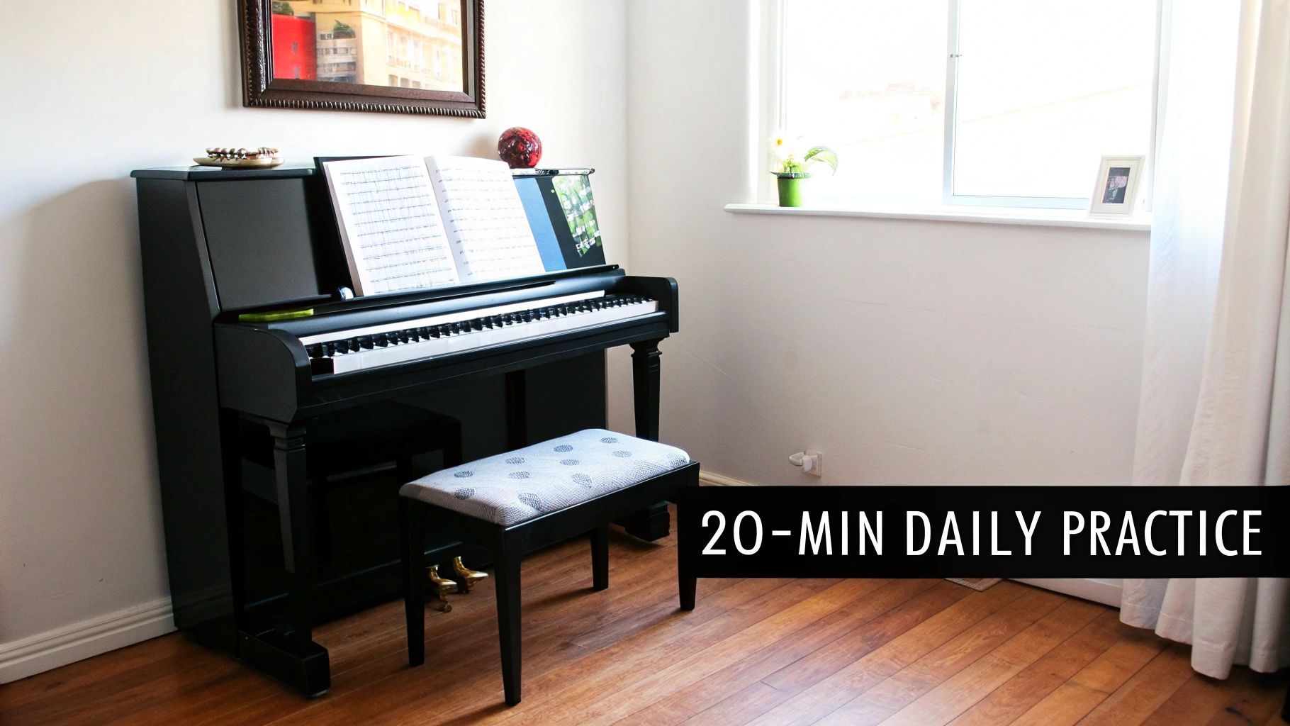 A black upright piano with sheet music, a patterned bench, and decor in a bright room.