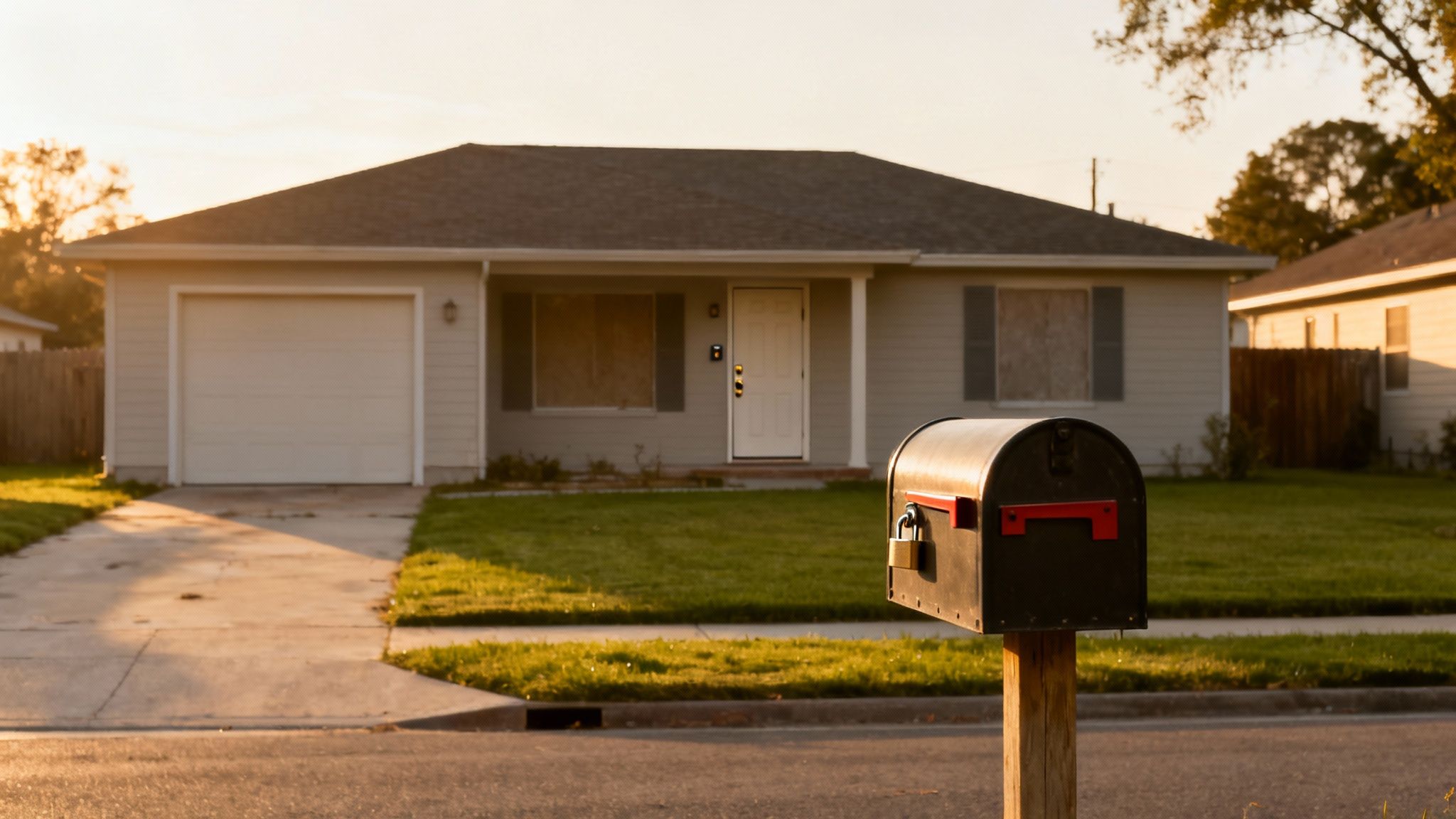 A padlocked mailbox in front of an empty house with boarded-up windows at sunset.