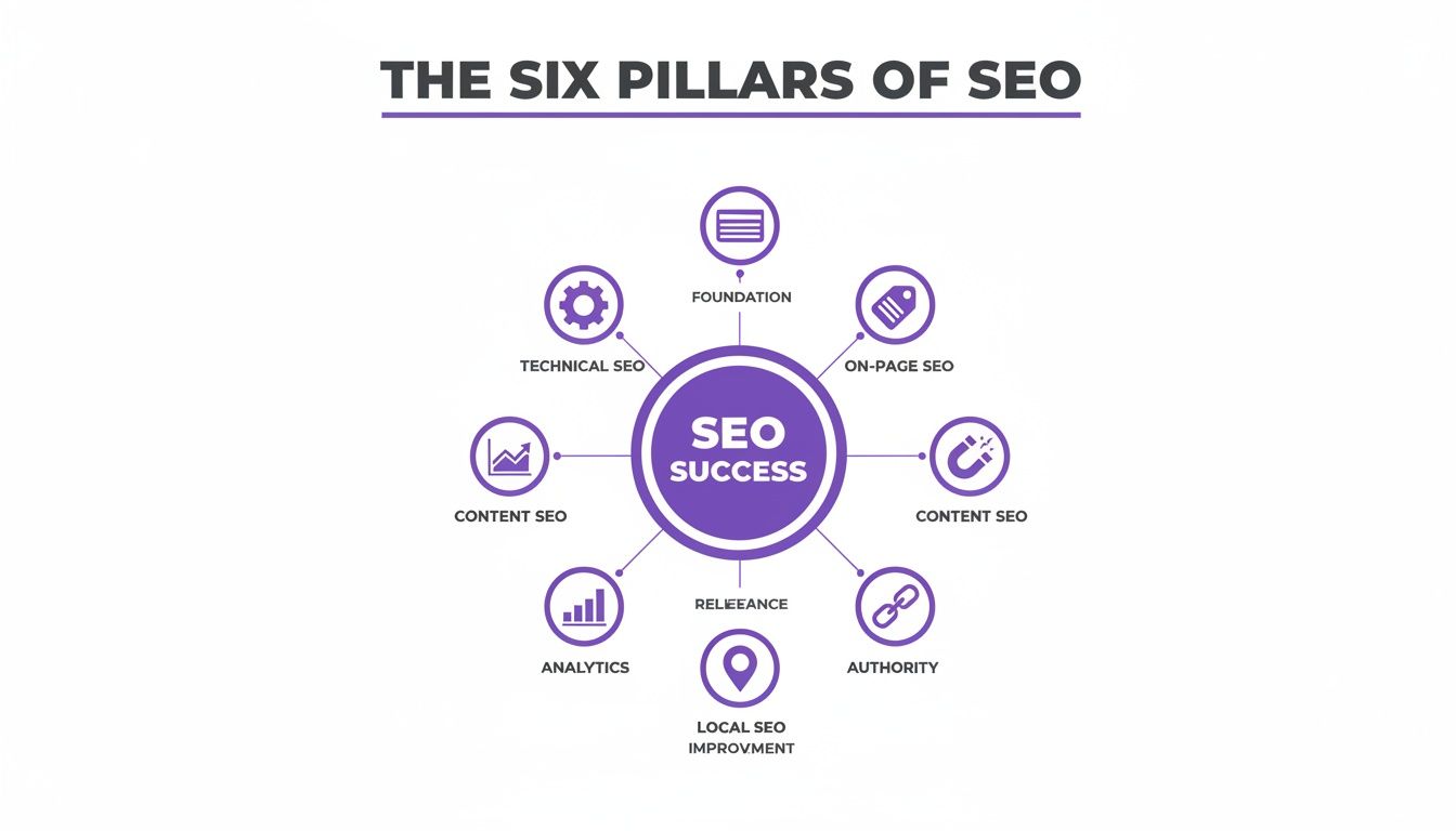 Infographic diagram showing SEO Success surrounded by key components like technical, content, and on-page SEO.