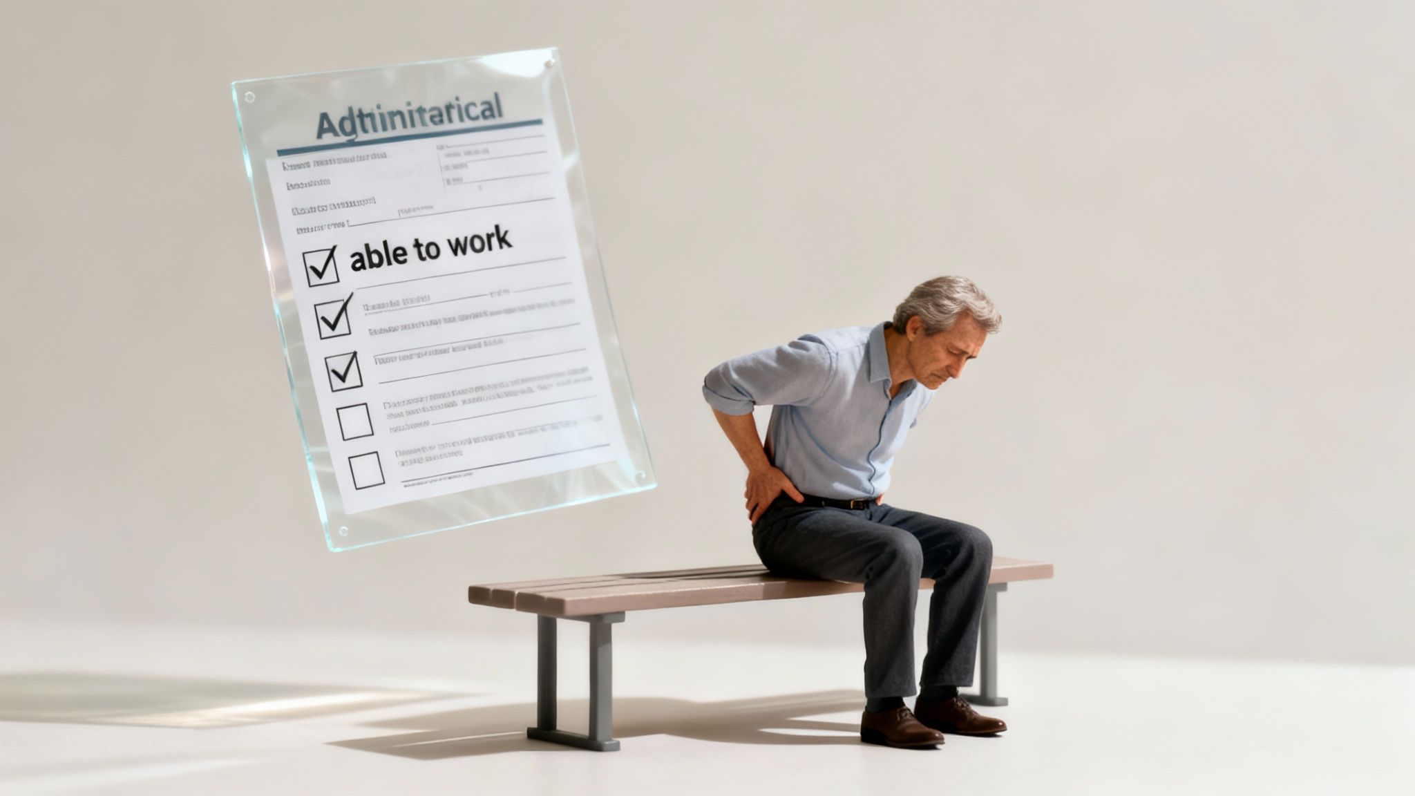 Older man with back pain contrasts with a document marking him 'able to work'.