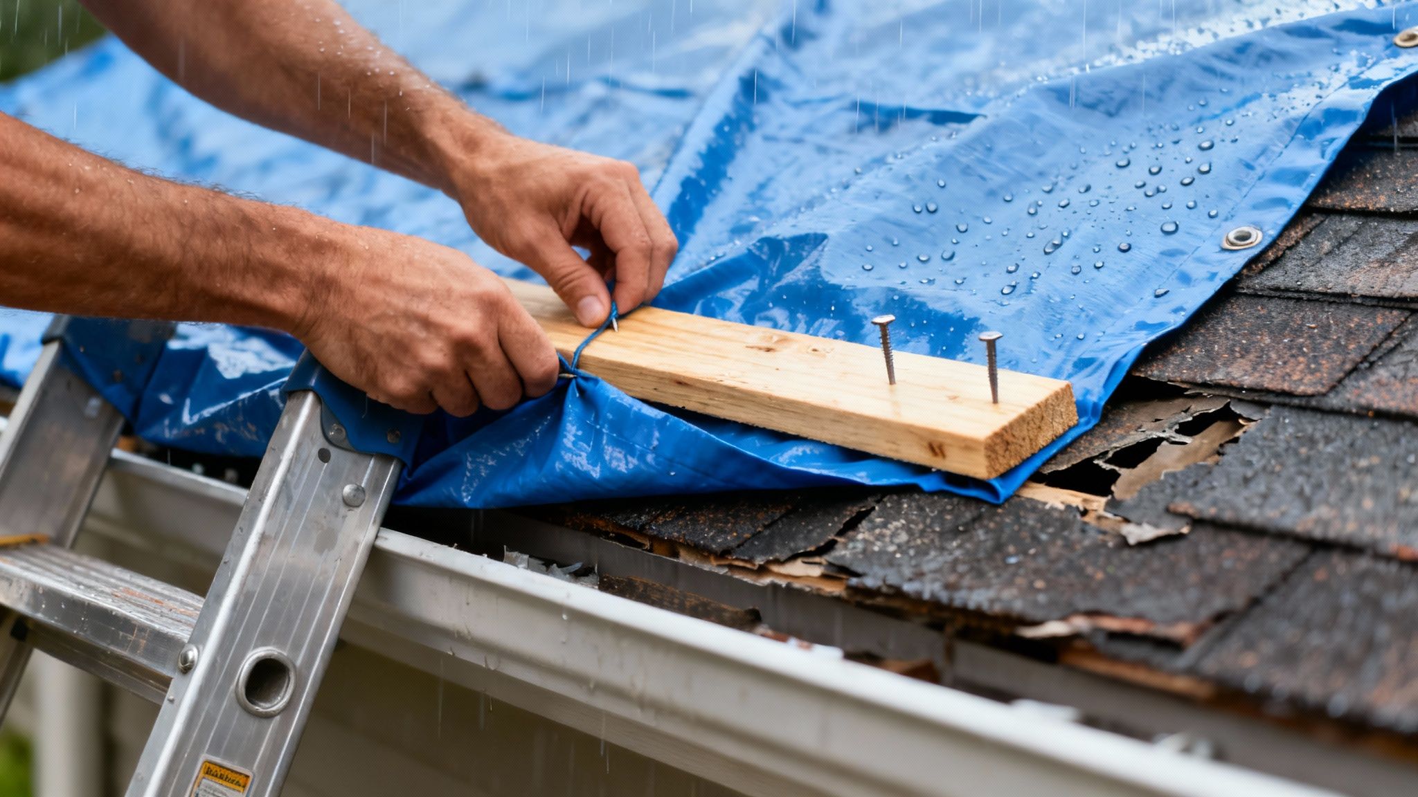 Hands securing a blue tarp over a severely damaged roof during rain, using a wooden plank with nails.